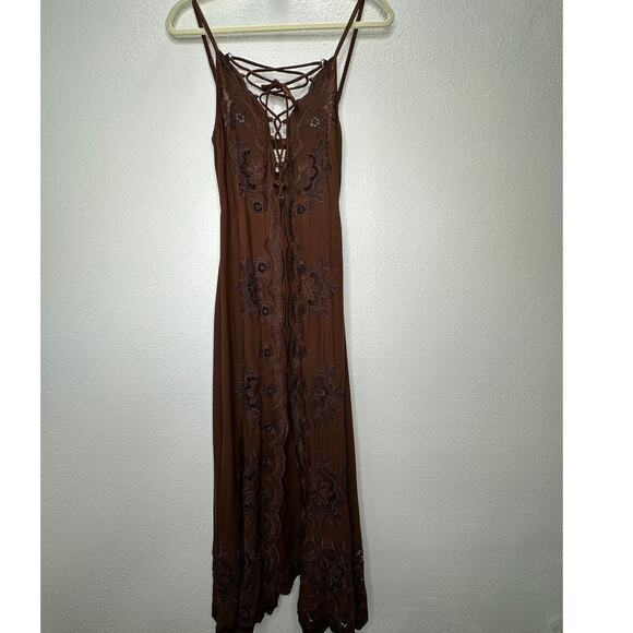 Cleobella Annie Chestnut Brown Lace Up Crochet Split Front Midi Dress XS - Picture 4 of 16